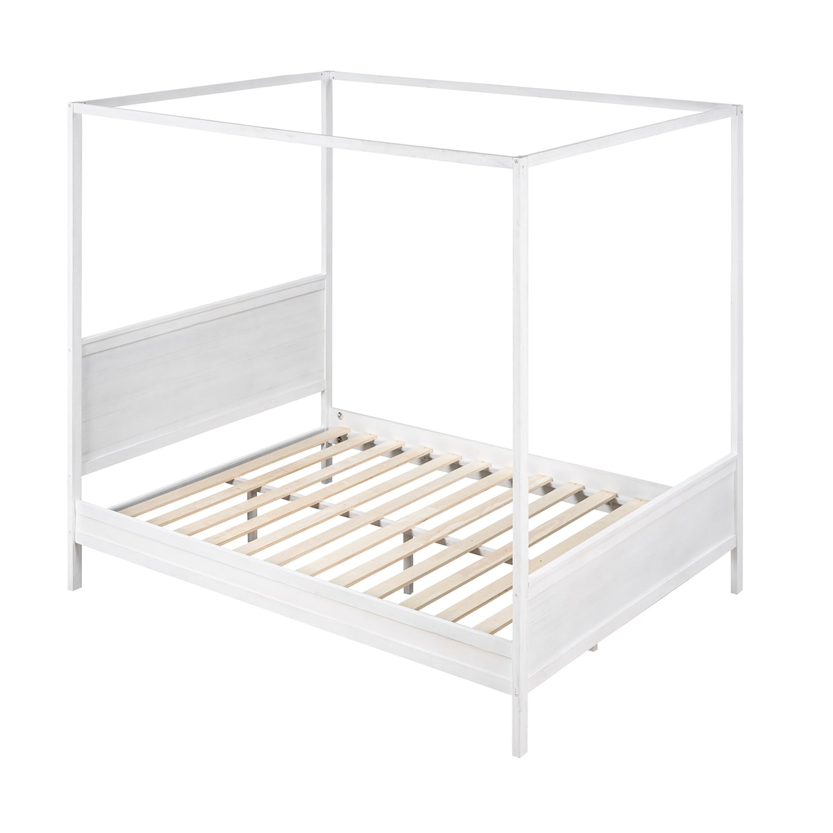 Brushed Queen Wood Canopy Bed Panel Platform Bed with Headboard&Full-length Top Rail&4 Column for Self Customized Decoration