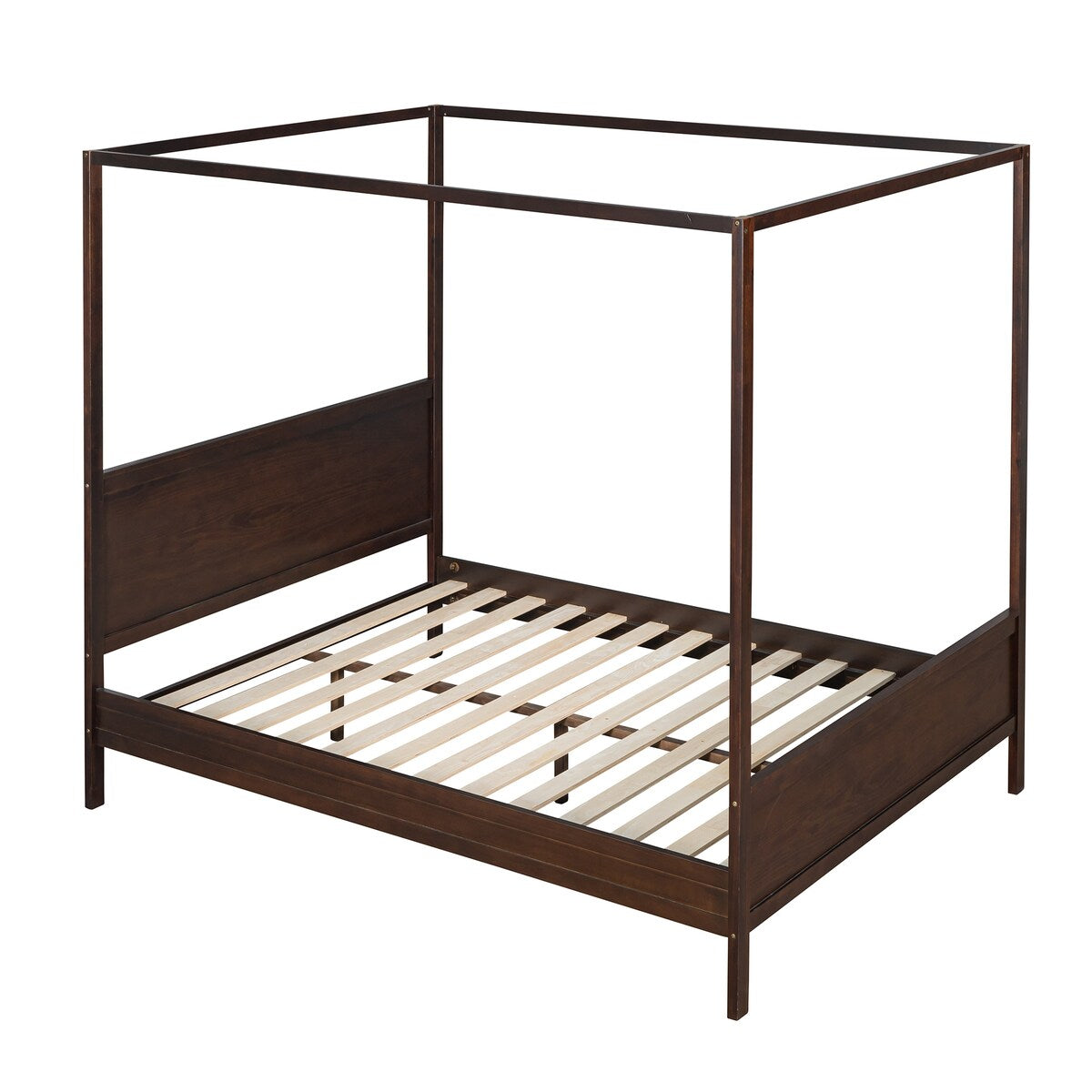 Brushed Queen Wood Canopy Bed Panel Platform Bed with Headboard&Full-length Top Rail&4 Column for Self Customized Decoration