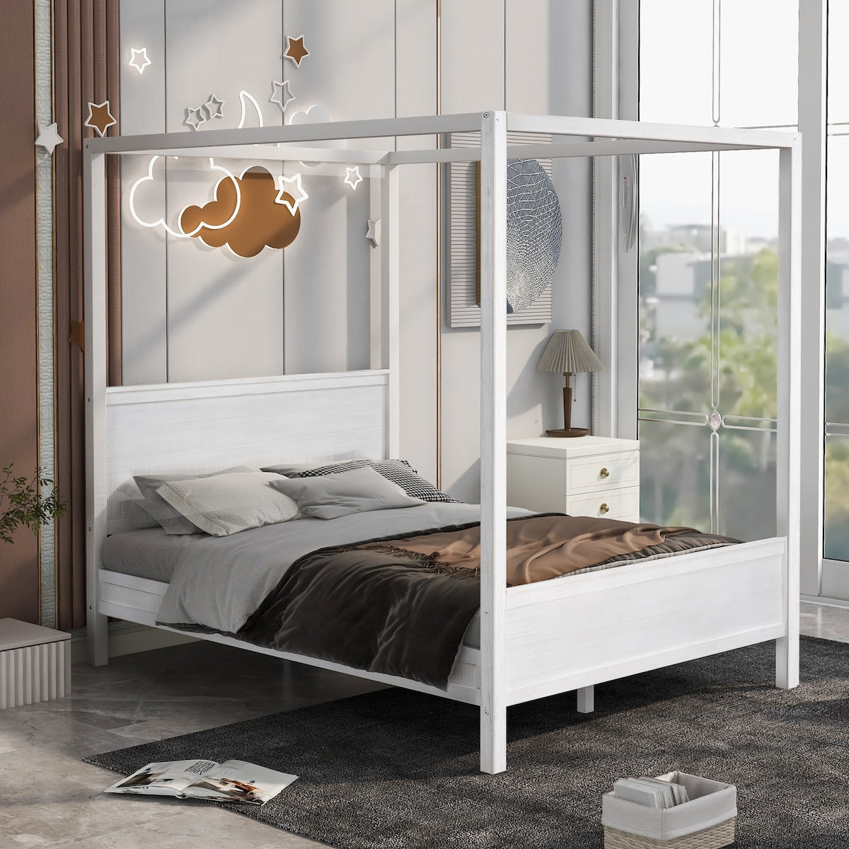 Brushed Queen Wood Canopy Bed Panel Platform Bed with Headboard&Full-length Top Rail&4 Column for Self Customized Decoration