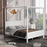 Brushed Queen Wood Canopy Bed Panel Platform Bed with Headboard&Full-length Top Rail&4 Column for Self Customized Decoration
