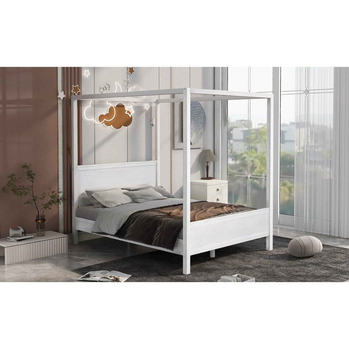 Brushed Queen Wood Canopy Bed Panel Platform Bed with Headboard&Full-length Top Rail&4 Column for Self Customized Decoration