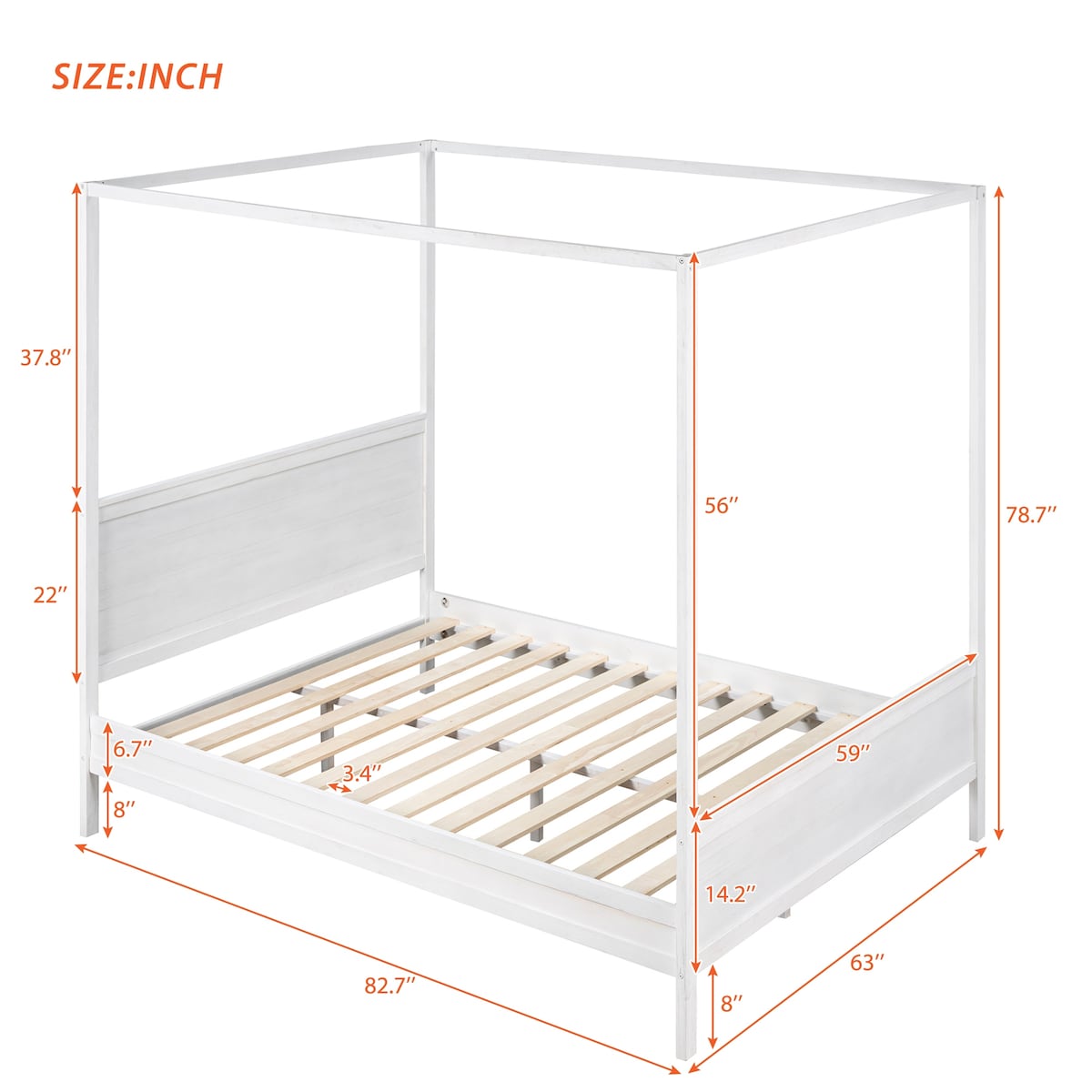 Brushed Queen Wood Canopy Bed Panel Platform Bed with Headboard&Full-length Top Rail&4 Column for Self Customized Decoration