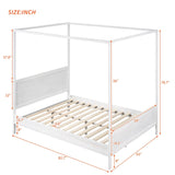 Brushed Queen Wood Canopy Bed Panel Platform Bed with Headboard&Full-length Top Rail&4 Column for Self Customized Decoration