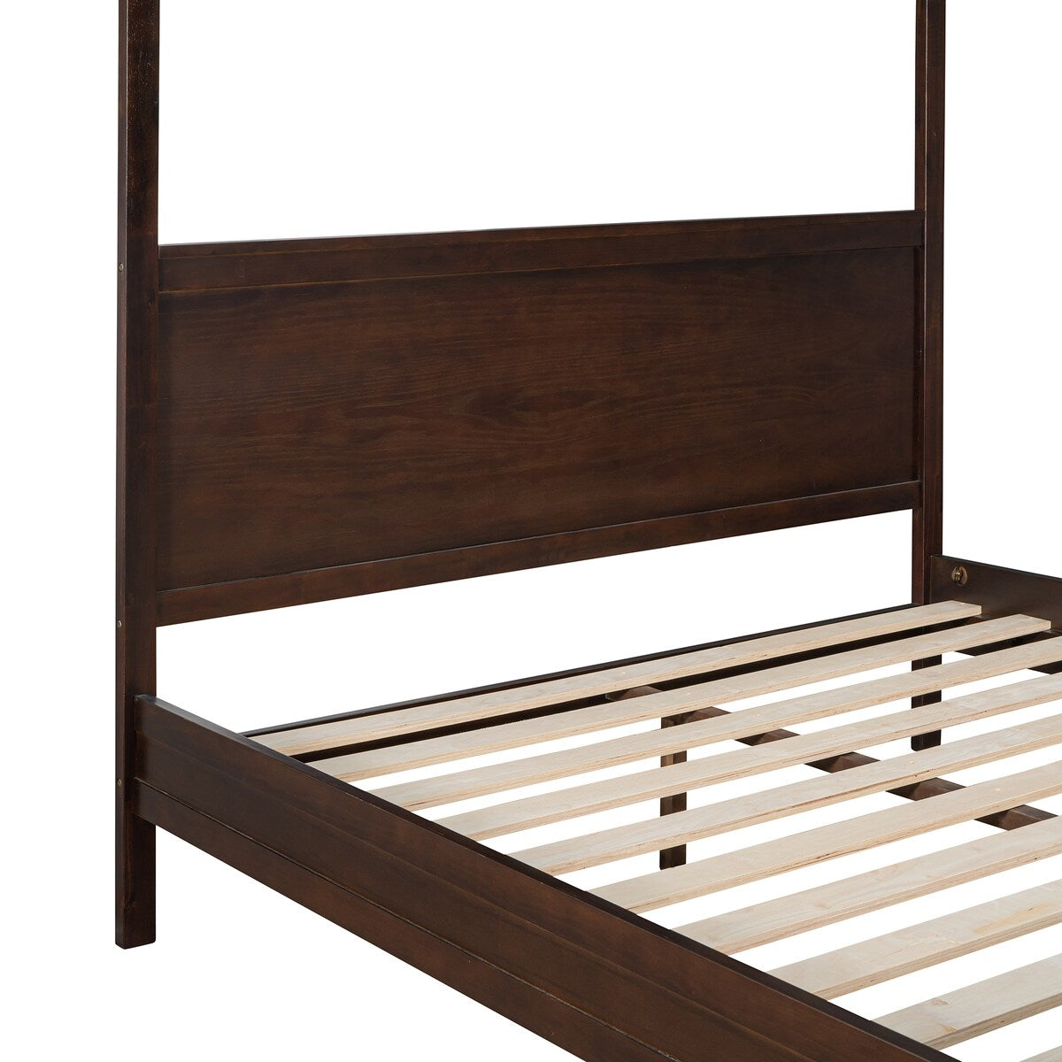 Brushed Queen Wood Canopy Bed Panel Platform Bed with Headboard&Full-length Top Rail&4 Column for Self Customized Decoration