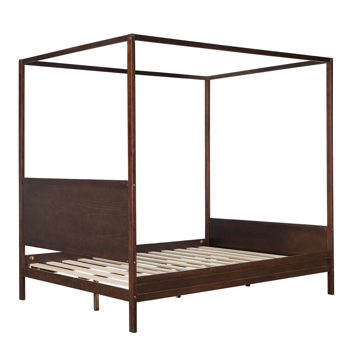 Brushed Queen Wood Canopy Bed Panel Platform Bed with Headboard&Full-length Top Rail&4 Column for Self Customized Decoration