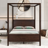 Brushed Queen Wood Canopy Bed Panel Platform Bed with Headboard&Full-length Top Rail&4 Column for Self Customized Decoration
