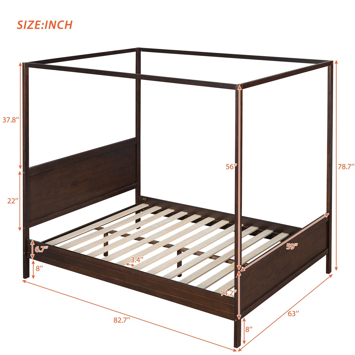 Brushed Queen Wood Canopy Bed Panel Platform Bed with Headboard&Full-length Top Rail&4 Column for Self Customized Decoration