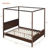 Brushed Queen Wood Canopy Bed Panel Platform Bed with Headboard&Full-length Top Rail&4 Column for Self Customized Decoration