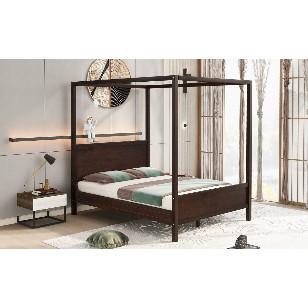Brushed Queen Wood Canopy Bed Panel Platform Bed with Headboard&Full-length Top Rail&4 Column for Self Customized Decoration