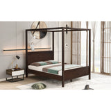Brushed Queen Wood Canopy Bed Panel Platform Bed with Headboard&Full-length Top Rail&4 Column for Self Customized Decoration