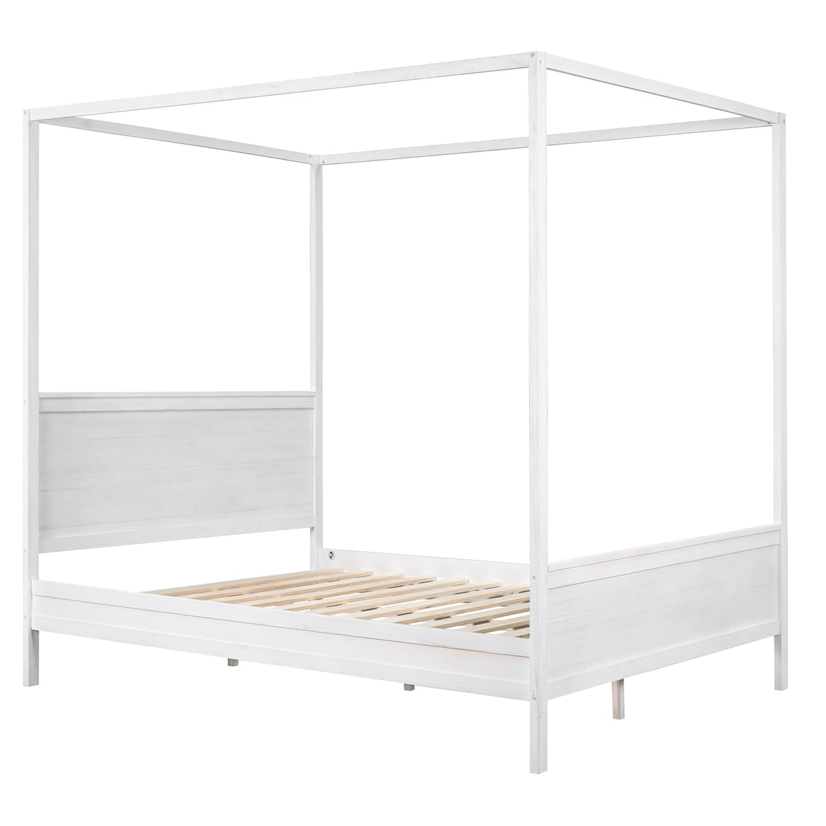 Brushed Queen Wood Canopy Bed Panel Platform Bed with Headboard&Full-length Top Rail&4 Column for Self Customized Decoration