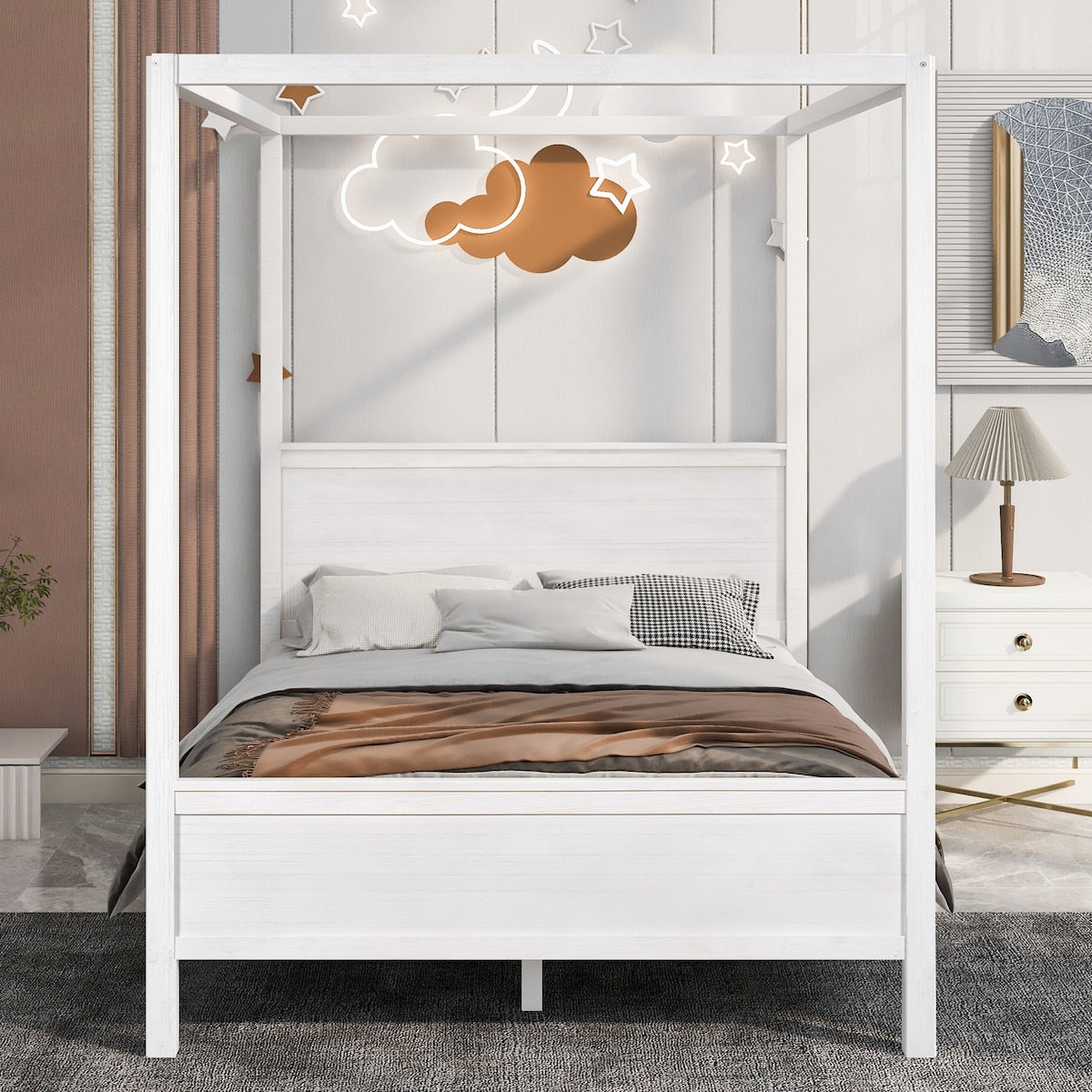 Brushed Queen Wood Canopy Bed Panel Platform Bed with Headboard&Full-length Top Rail&4 Column for Self Customized Decoration