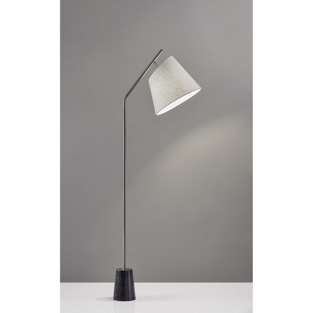 Brushed Steel Floor Lamp Black Marble Block Base and Angled White Linen Shade - 12 x 21.55 x 8.5