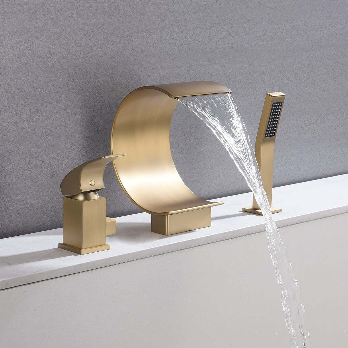 Brushed gold Bathtub Faucet Waterfall Mixer Faucet with Hand Shower Deck Mount - 8' x 10'