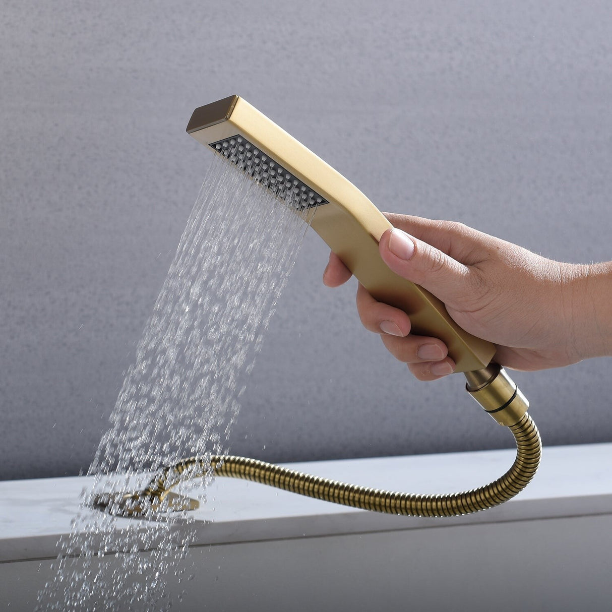 Brushed gold Bathtub Faucet Waterfall Mixer Faucet with Hand Shower Deck Mount - 8' x 10'