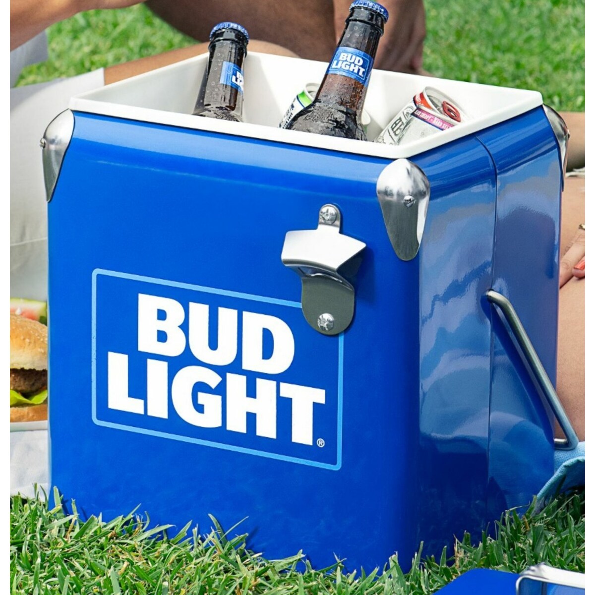 Bud Light Vintage Hard Beverage Cooler Insulated Metal Exterior with Self-Locking Handle - Blue