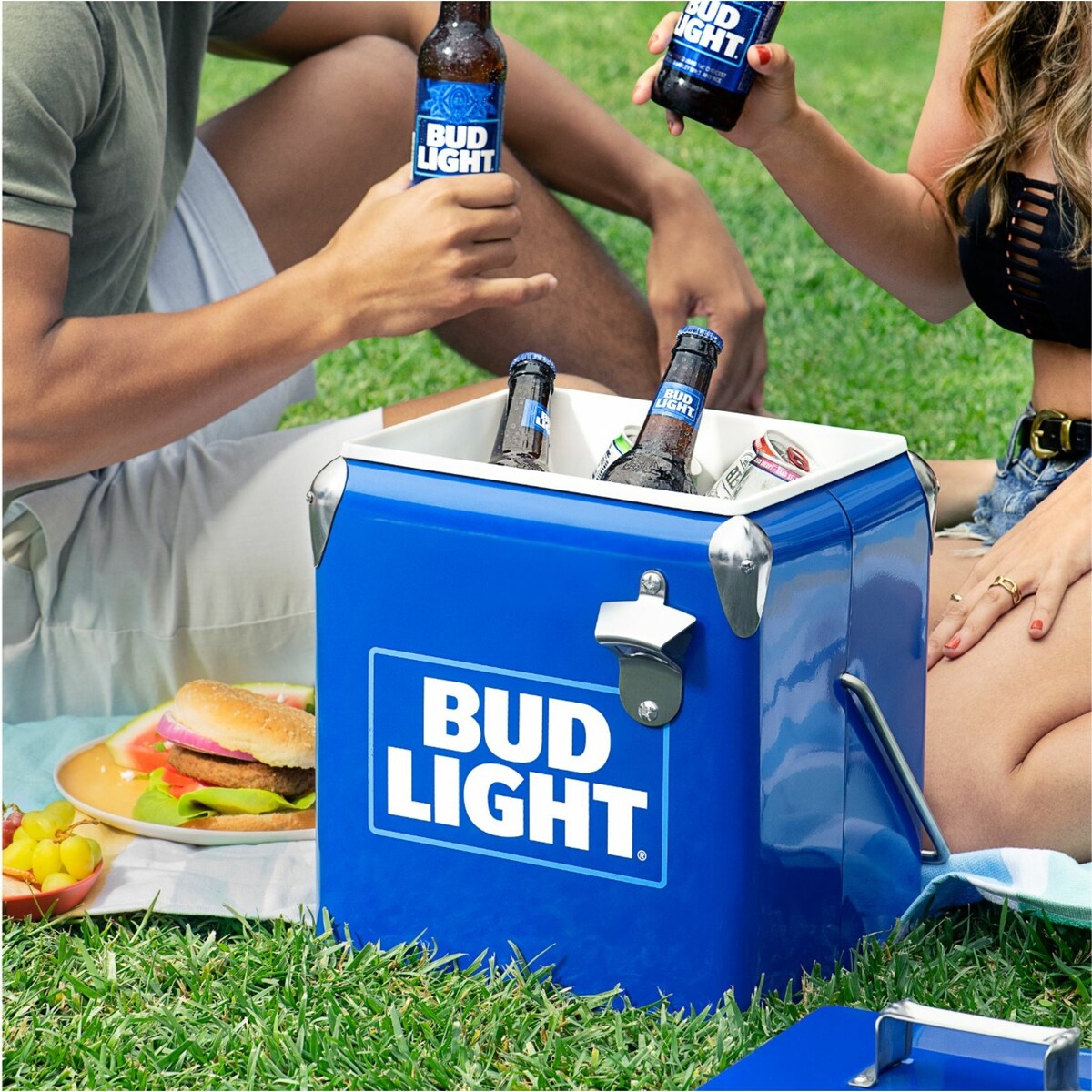 Bud Light Vintage Hard Beverage Cooler Insulated Metal Exterior with Self-Locking Handle - Blue