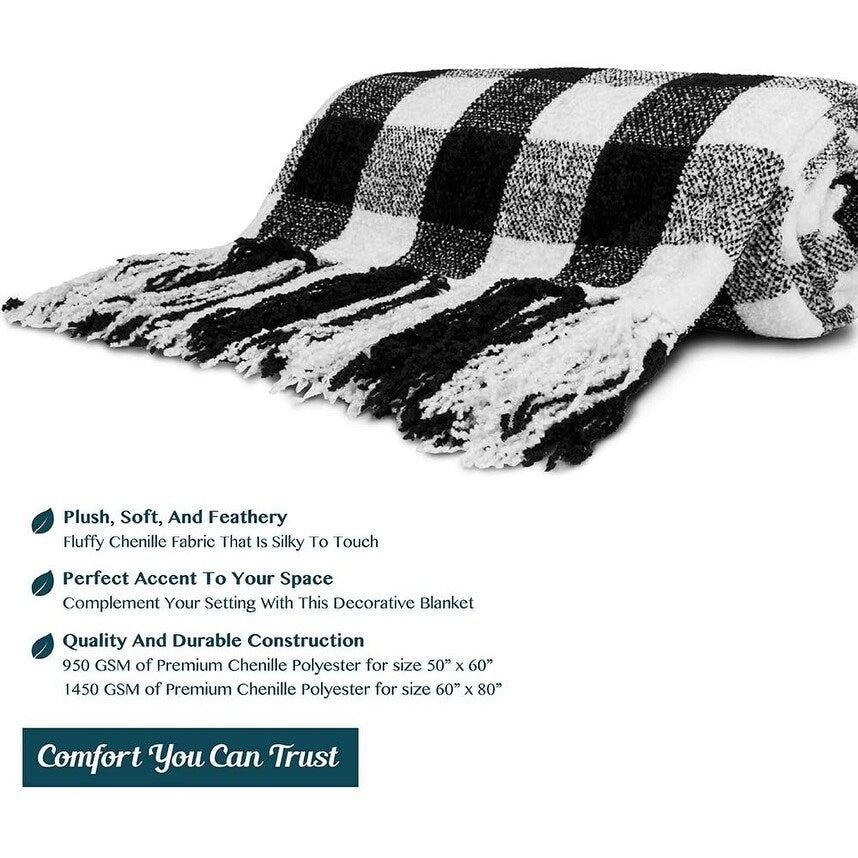 Buffalo Plaid Chenille Throw Blanket for Bed Soft Silky