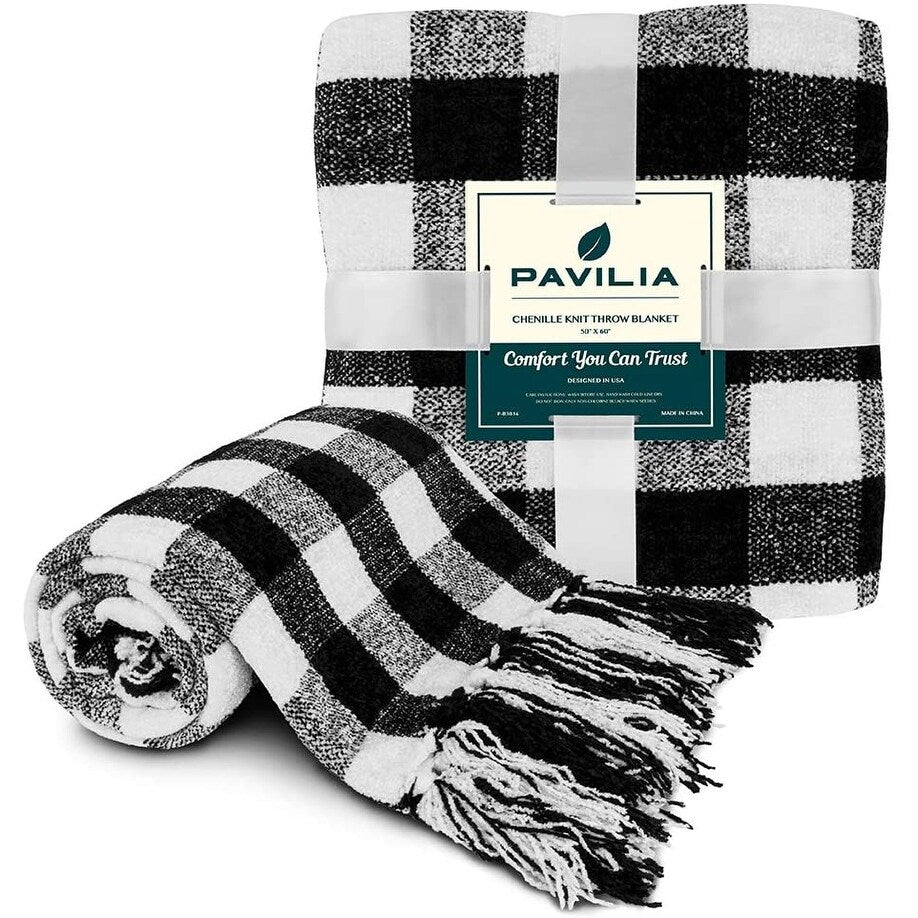 Buffalo Plaid Chenille Throw Blanket for Bed Soft Silky