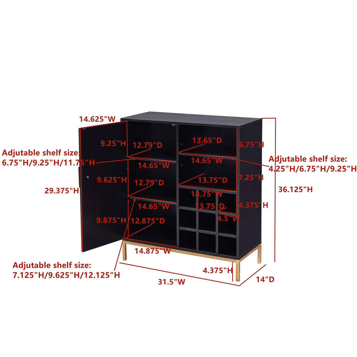 Buffet Bar Liquor Cabinet with Wine Rack and Glass Holder, Black