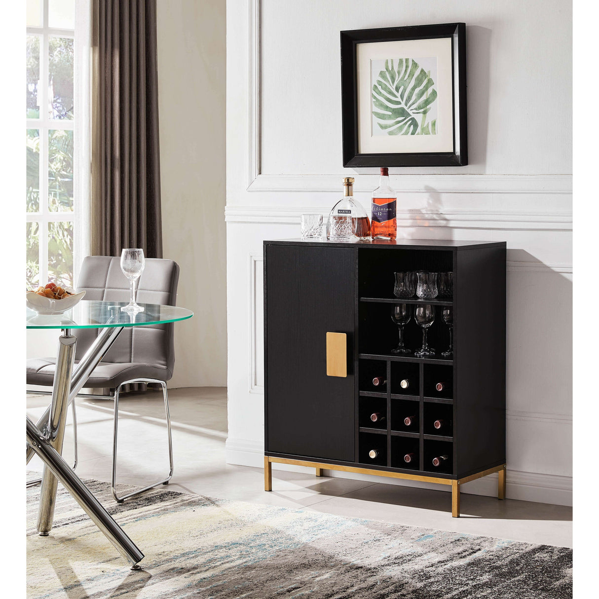 Buffet Bar Liquor Cabinet with Wine Rack and Glass Holder, Black