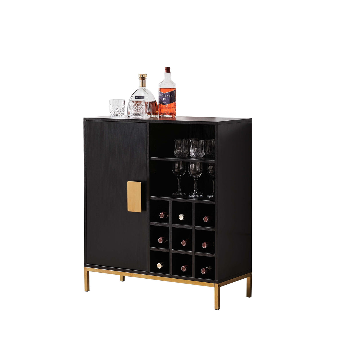 Buffet Bar Liquor Cabinet with Wine Rack and Glass Holder, Black