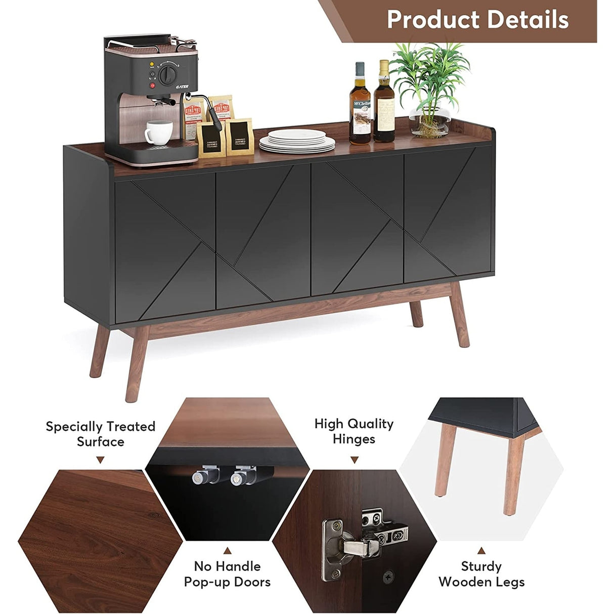 55-inch Kitchen Sideboard Buffet Cabinet with Storage Coffee Bar Cabinet with Doors - N/A