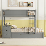 Bunk Bed with Twin Trundle, Desk, 3 Drawers, USB Outlets and Safety Guardrails