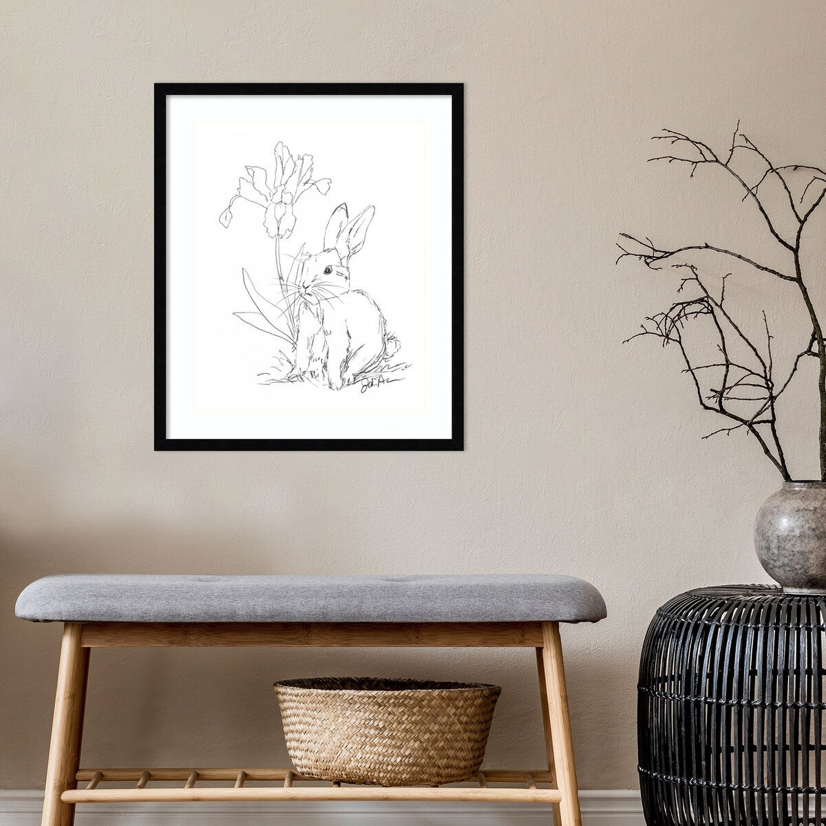 Bunny Sketch with Iris by Jodi Augustine Wood Framed Wall Art Print