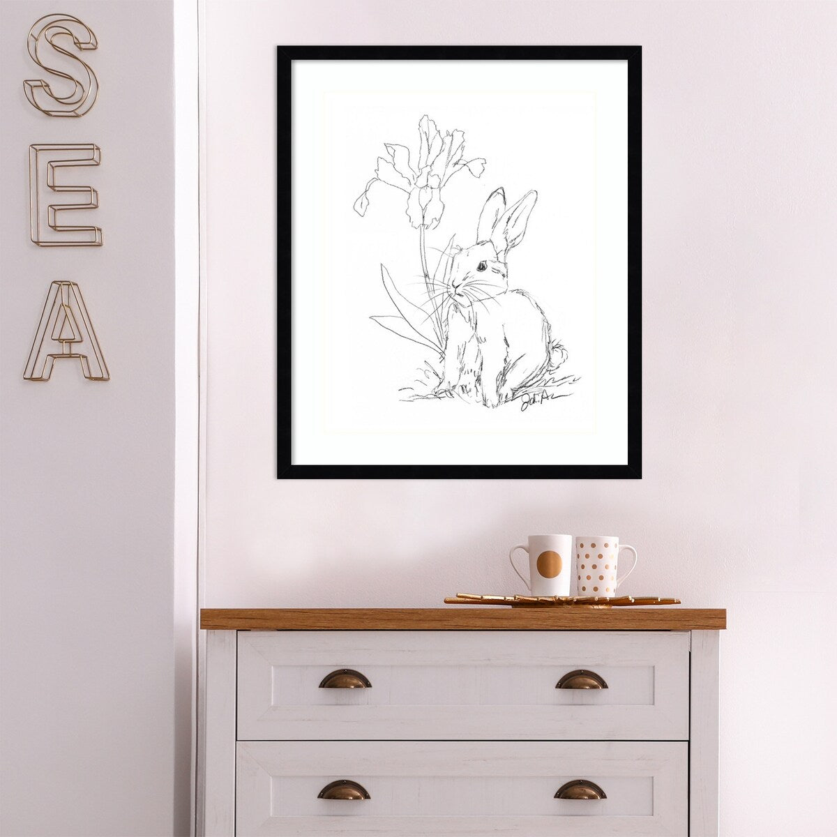 Bunny Sketch with Iris by Jodi Augustine Wood Framed Wall Art Print