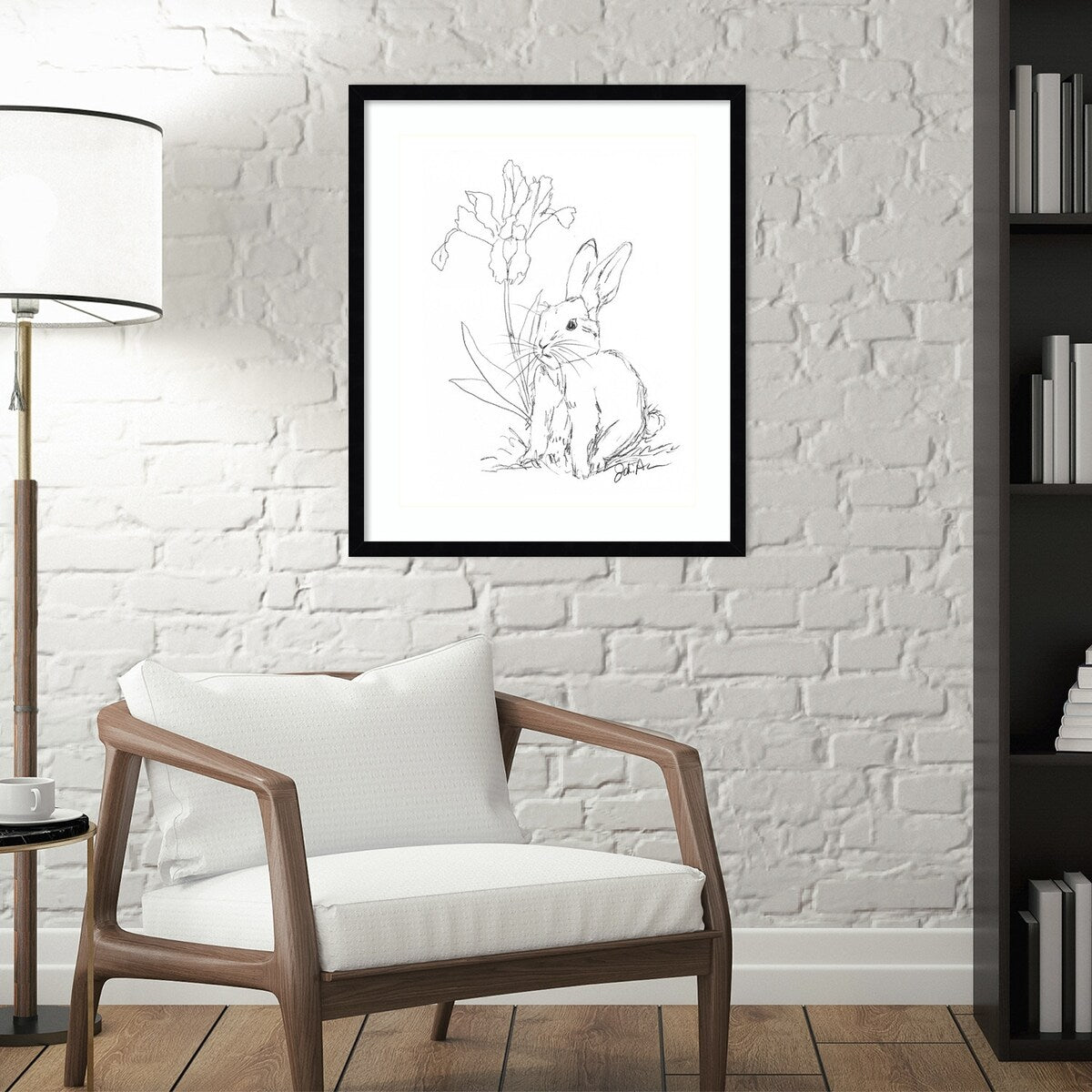 Bunny Sketch with Iris by Jodi Augustine Wood Framed Wall Art Print