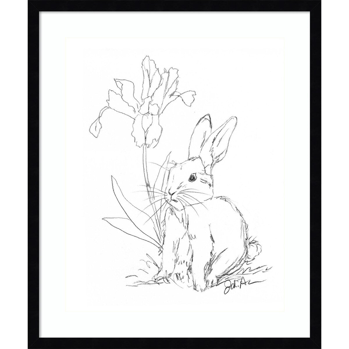 Bunny Sketch with Iris by Jodi Augustine Wood Framed Wall Art Print
