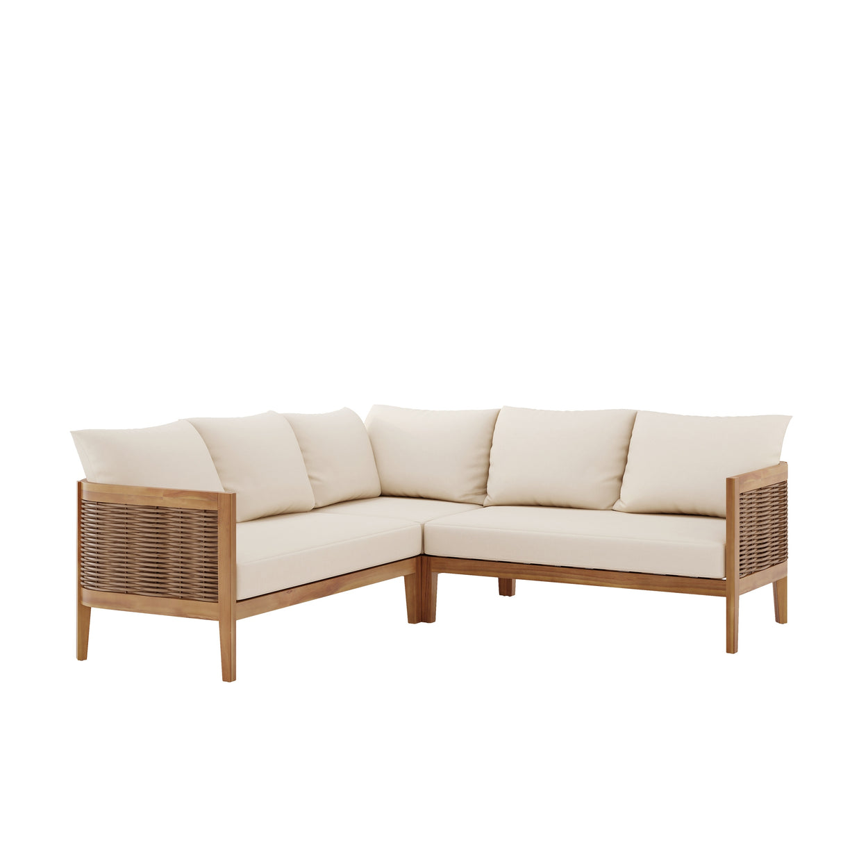 Burchett Acacia Wood and Round Wicker Outdoor 5 Seater Sectional Sofa Set with Cushions by Christopher Knight Home