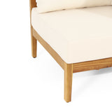 Burchett Acacia Wood and Round Wicker Outdoor 5 Seater Sectional Sofa Set with Cushions by Christopher Knight Home