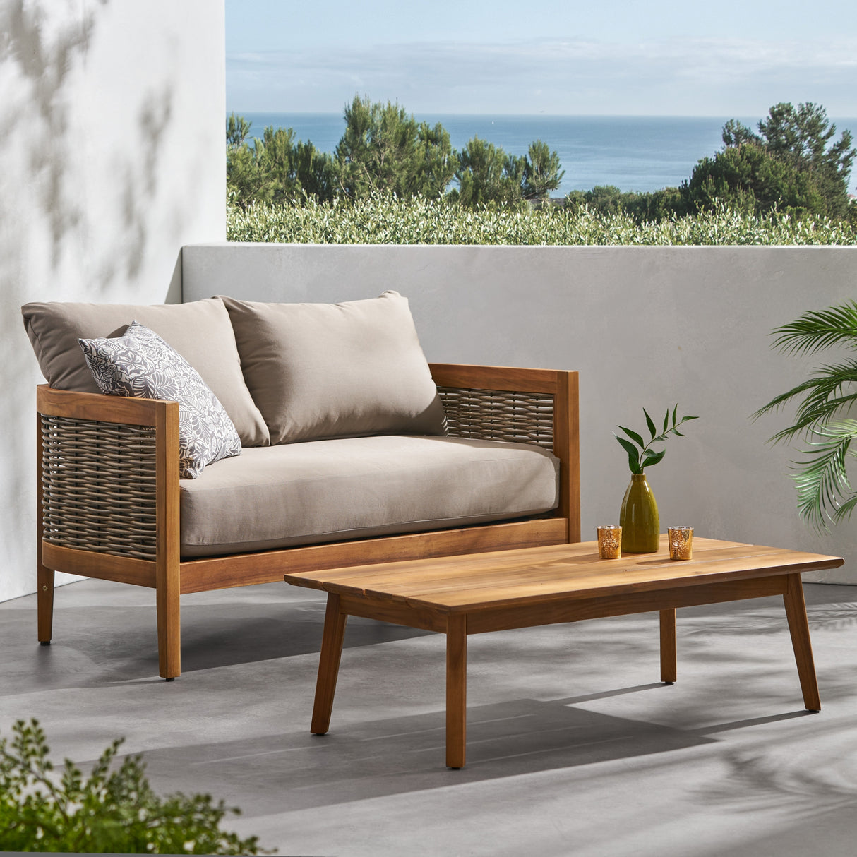 Christopher Knight Home Burchett Acacia Wood Outdoor Loveseat and Coffee Table Set with Optional Sunbrella Cushions