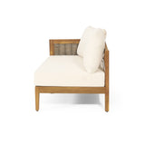 Burchett Outdoor Acacia Wood and Round Wicker 5 Seater Sectional Sofa Chat Set with Fire Pit by Christopher Knight Home