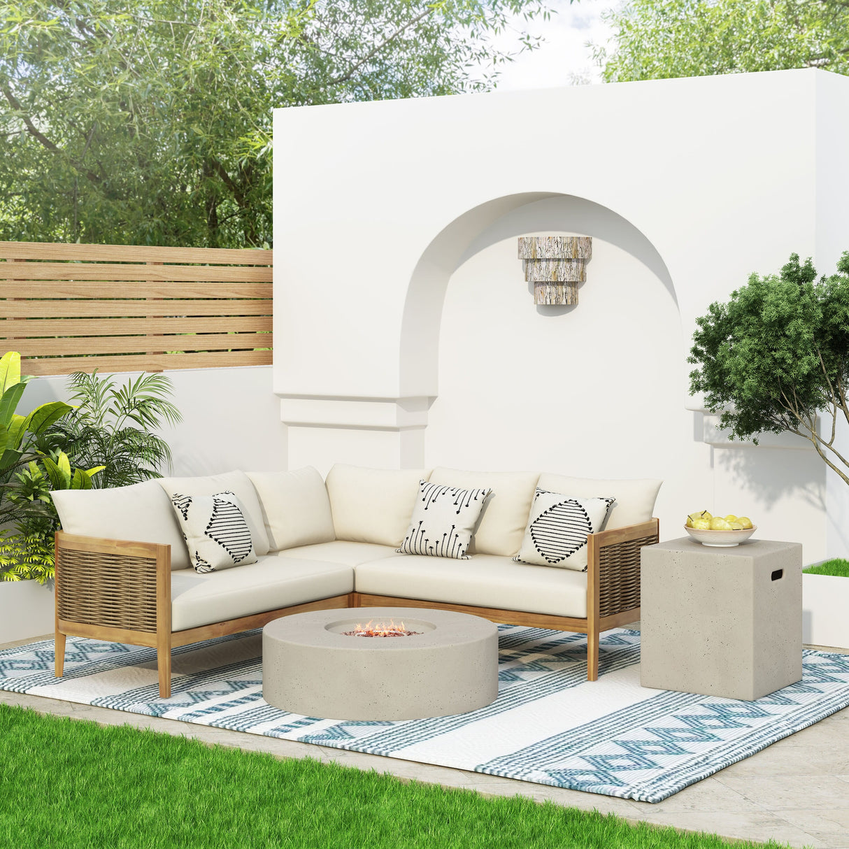 Burchett Outdoor Acacia Wood and Round Wicker 5 Seater Sectional Sofa Chat Set with Fire Pit by Christopher Knight Home