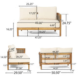 Burchett Outdoor Acacia Wood and Round Wicker 5 Seater Sectional Sofa Chat Set with Fire Pit by Christopher Knight Home