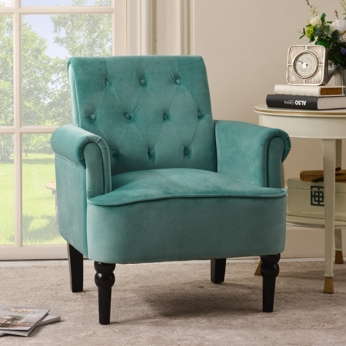 Button Tufted Armchairs,Teal Velvet