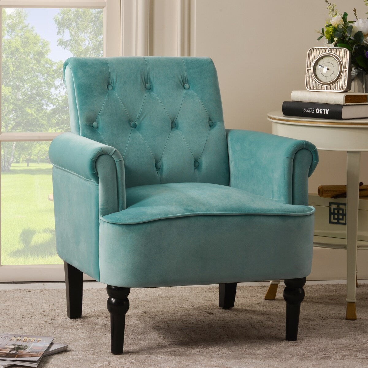 Button Tufted Armchairs,Teal Velvet