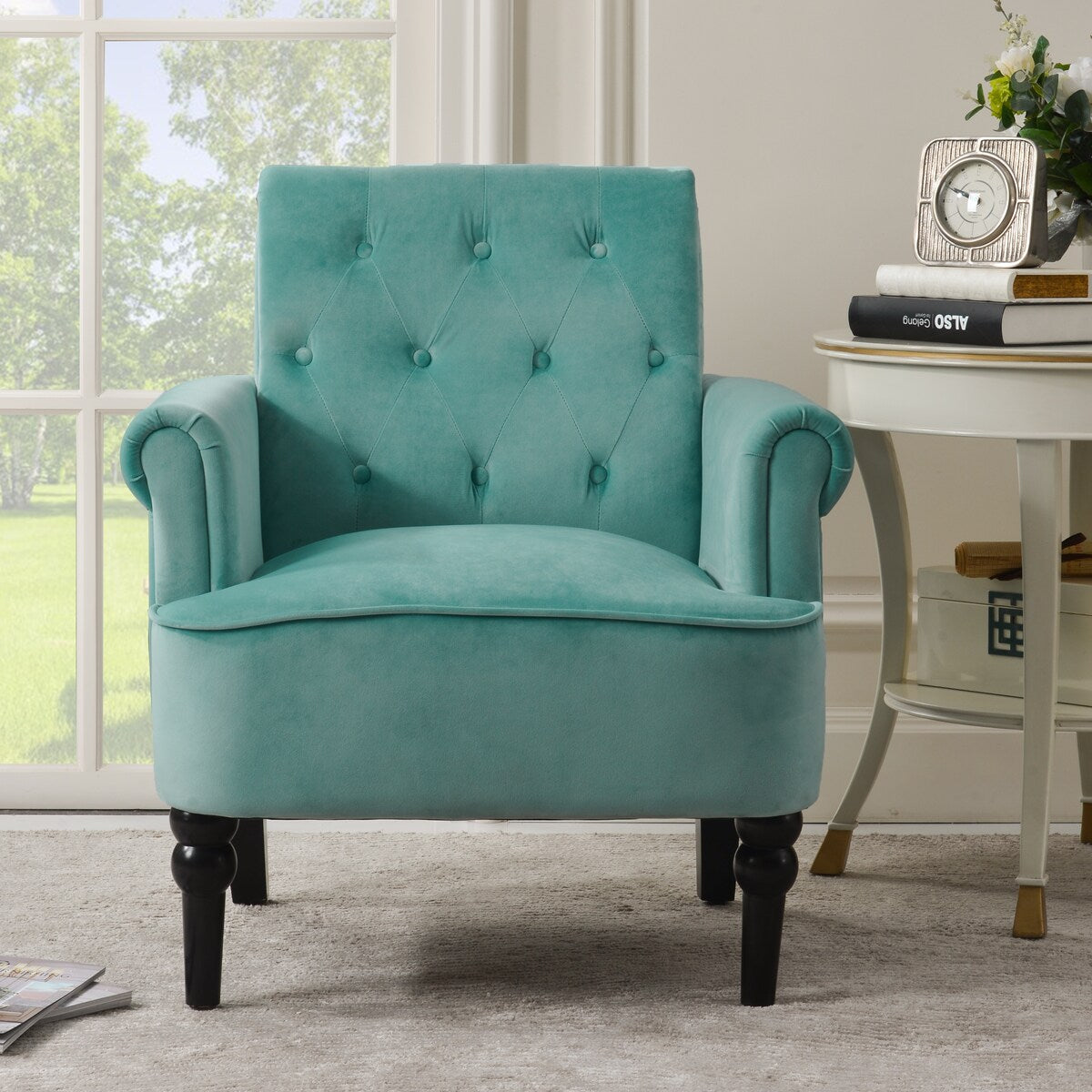 Button Tufted Armchairs,Teal Velvet