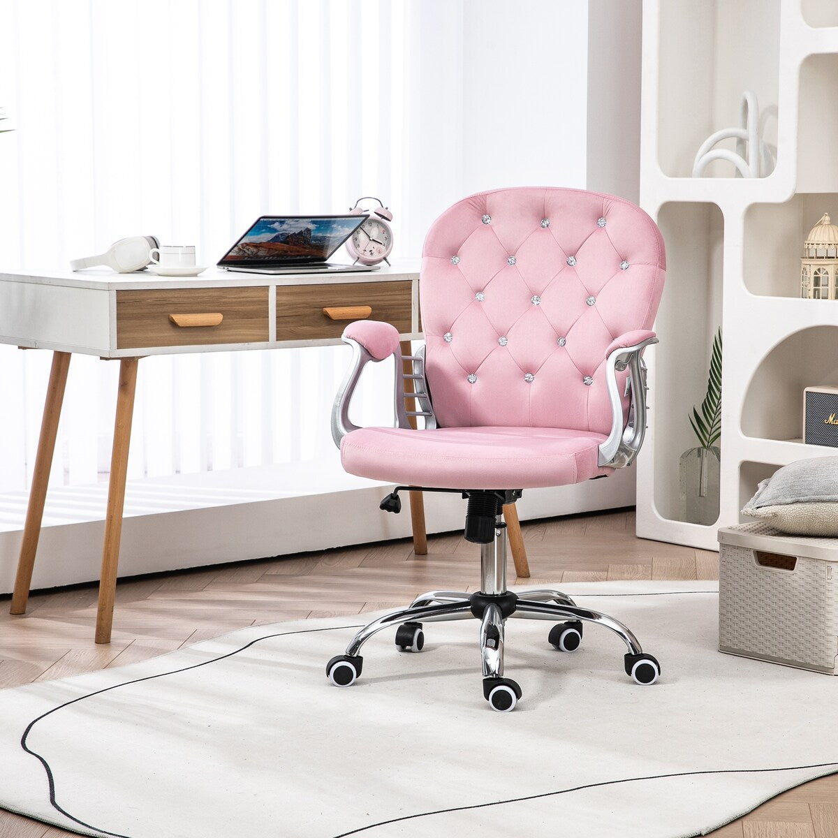 Button Tufted Desk Chair Home Office Chair with Adjustable Height and Swivel Wheels