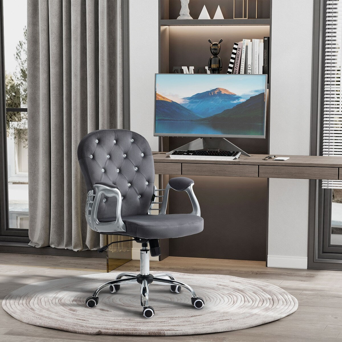 Button Tufted Desk Chair Home Office Chair with Adjustable Height and Swivel Wheels