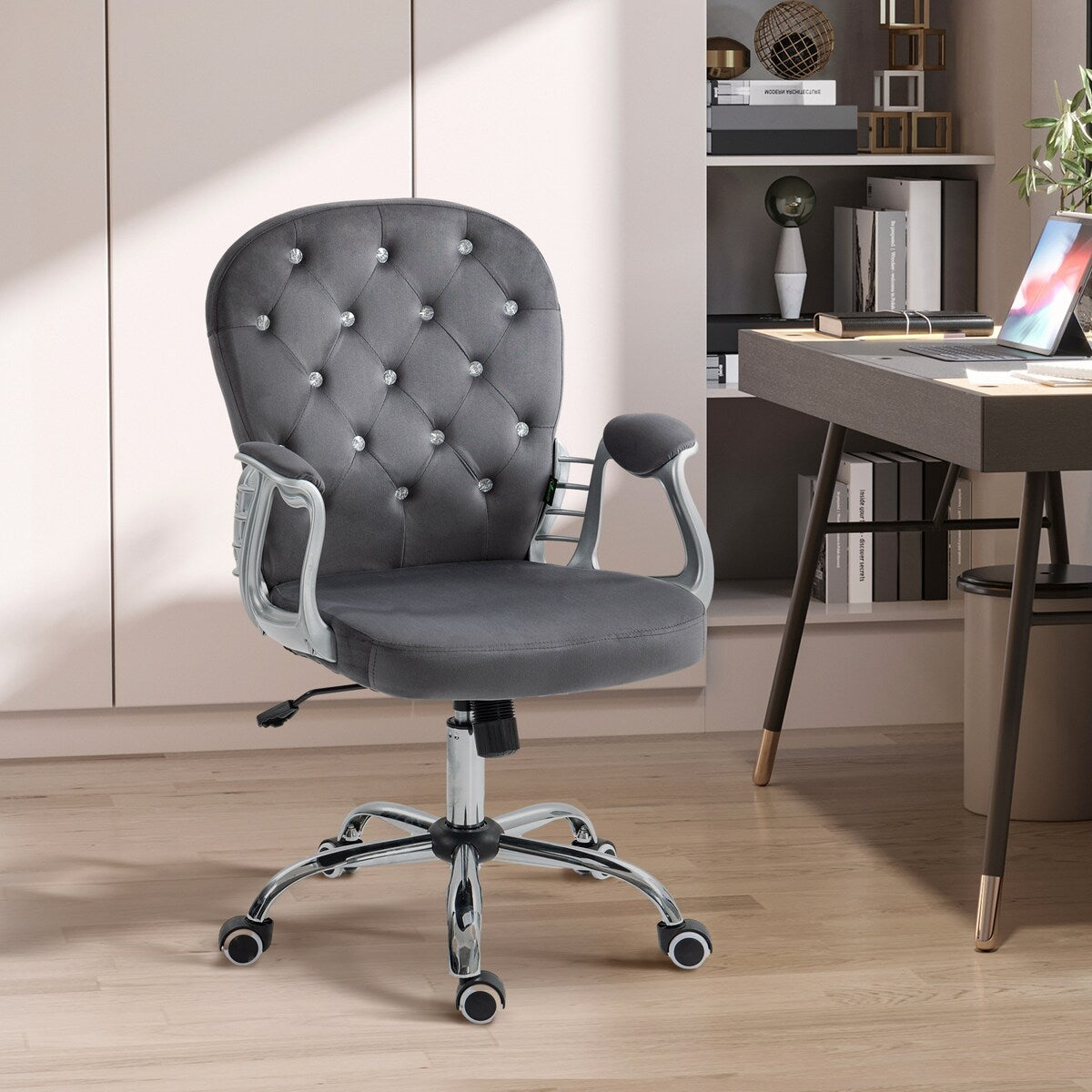 Button Tufted Desk Chair Home Office Chair with Adjustable Height and Swivel Wheels