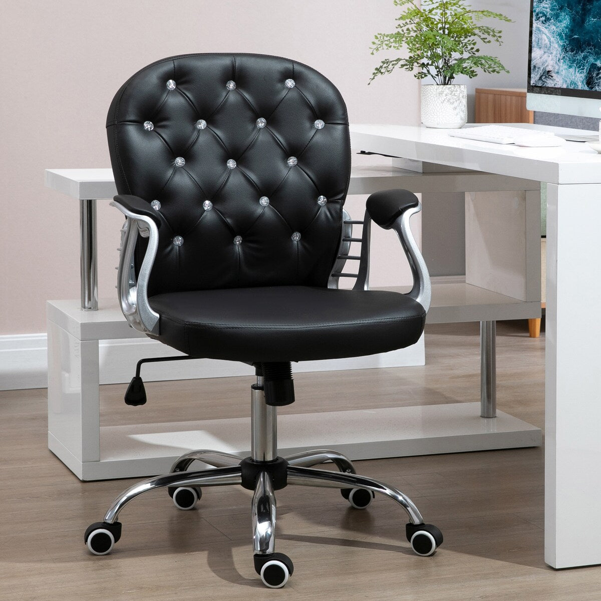 Button Tufted Desk Chair Home Office Chair with Adjustable Height and Swivel Wheels
