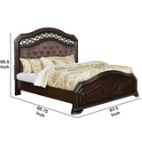 Button Tufted Eastern King Bed with Ornate Scrollwork Headboard, Brown
