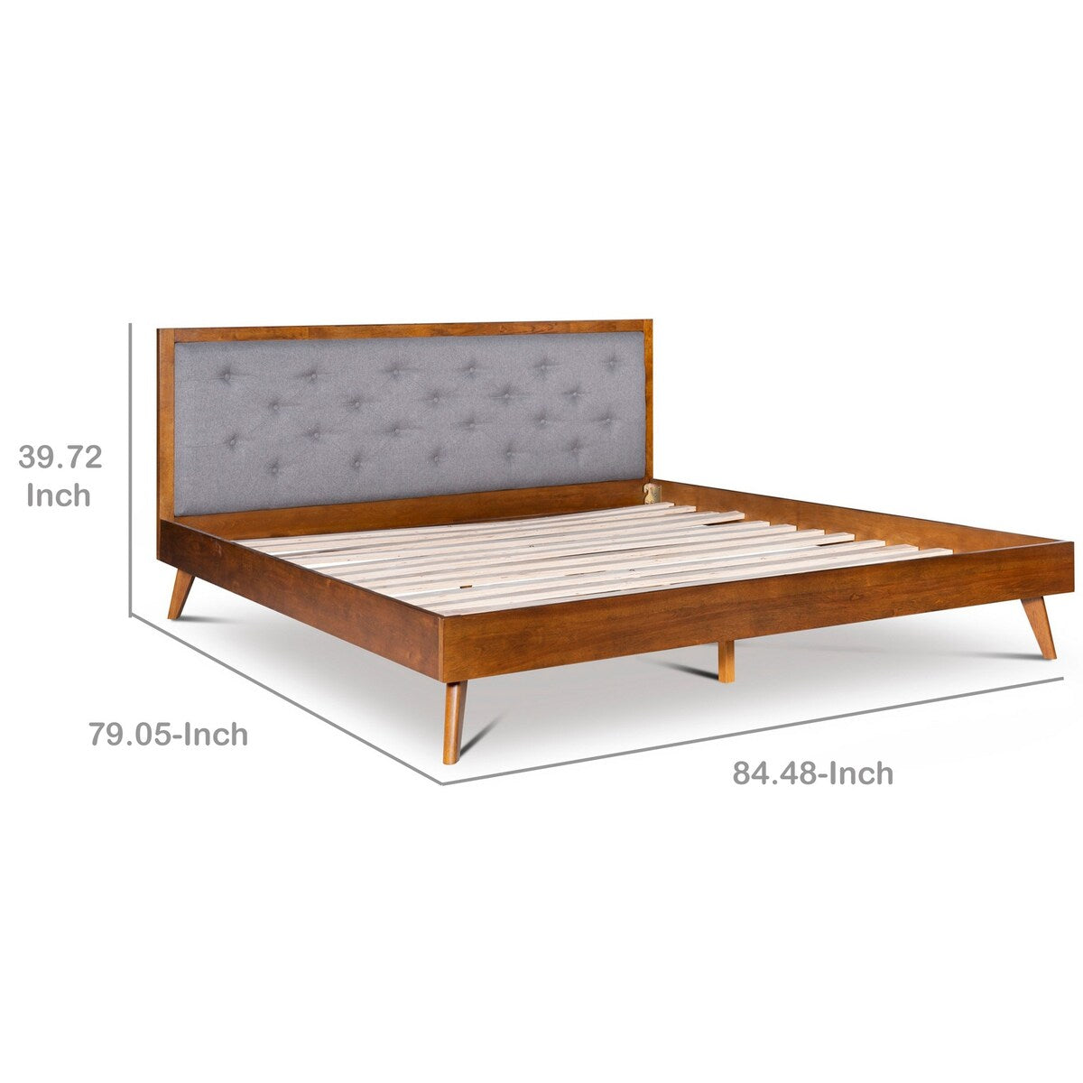 Button Tufted King Size Wooden Platform Bed, Brown and Gray