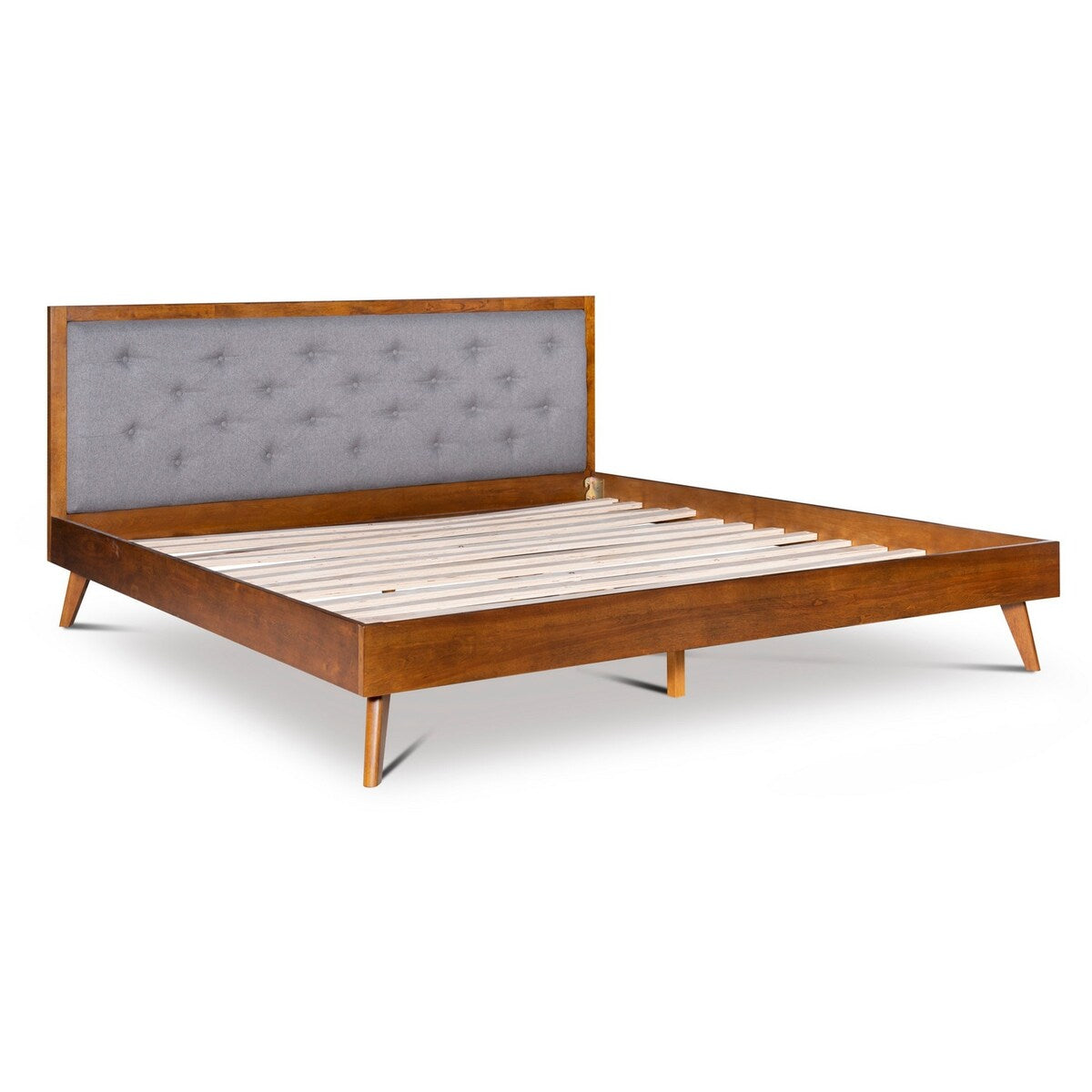 Button Tufted King Size Wooden Platform Bed, Brown and Gray