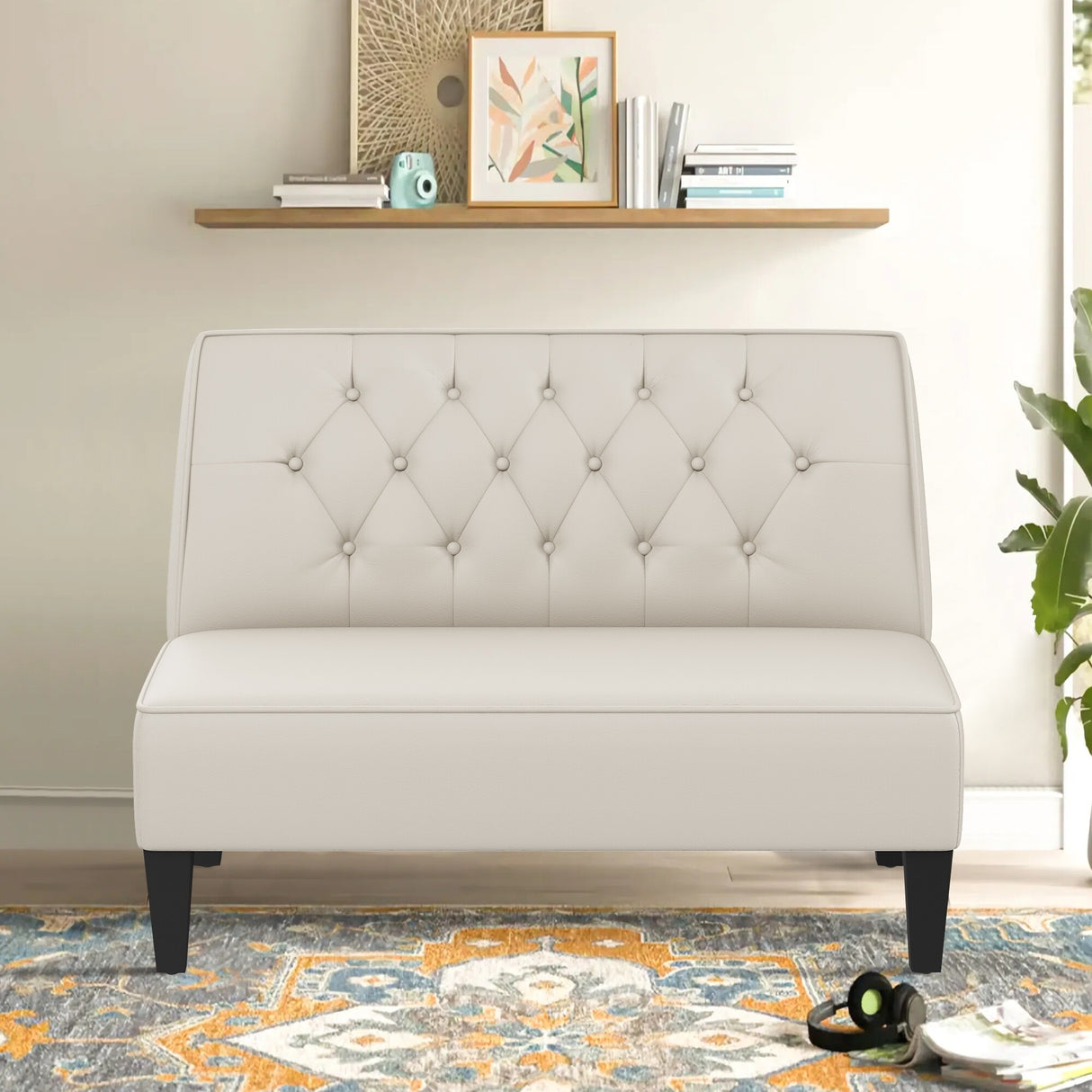 Button Tufted Loveseat Settee, Upholstered Sofa Backrest Buckle Couch Banquette Bench for Dining Room