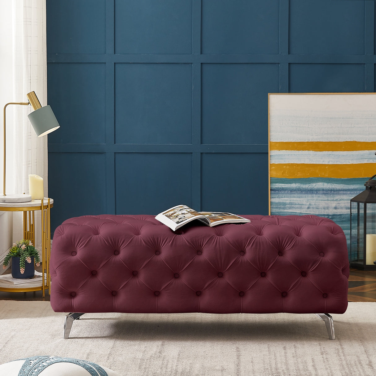 Button-Tufted Ottoman Bench Velvet Footrest Stool Accent Bench